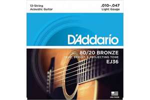 Изображение D`Addario EJ36 BRONZE 80/20 - Струны для акустической 12-струнной гитары бронза 12-srt Light 10-47 