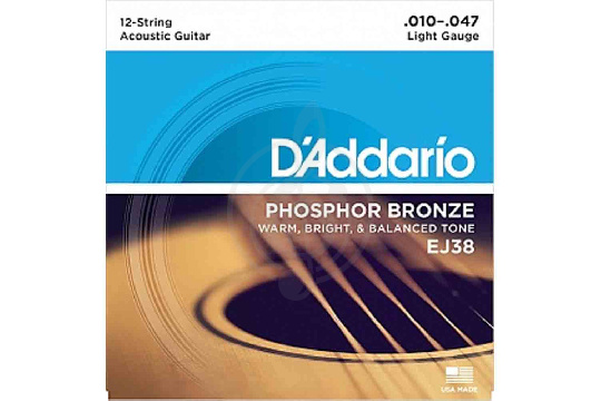 Струны для акустической гитары D'Addario EJ38 - Phosphor Bronze Комплект струн для акустической 12-струнной гитары, Light, 10-47 - фото 1